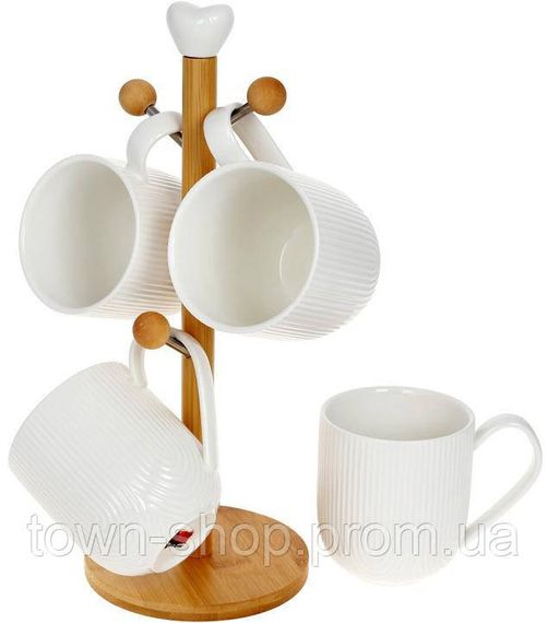 Набор 4 кружки Ceram-Bamboo Naturel 340мл на бамбуковой стойке, фарфор BD-289-404