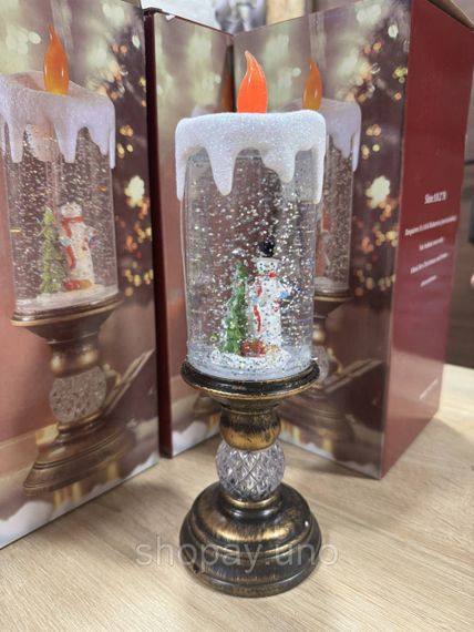 Сніговик  новорічна LED свічка зі снігом, 25см, від батарейок та USB