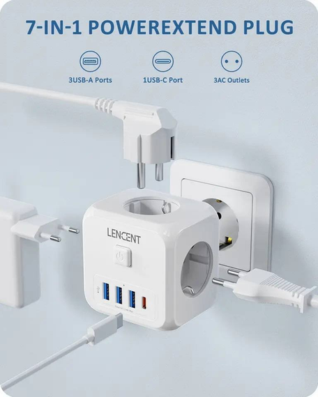 Мережевий Фільтр Трійник 7в1 LENCENT із швидкою зарядкою 3 розетки/3 USB/1TYPE-C | Зображення 1