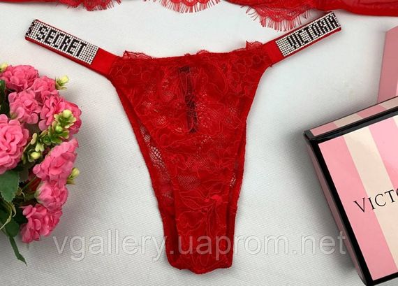 Женские кружевные трусики Бразилиана Victoria's Secret со стразами, женские трусики с кружевом и стразами Виктория Сикрет XL, Красный