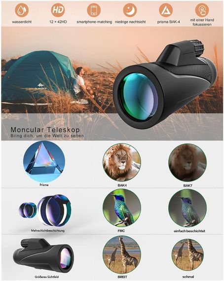 Монокулярний телескоп 12X42 для смартфонів, водонепроникний телескоп для спостереження, походів та кемпінгу | Зображення 4