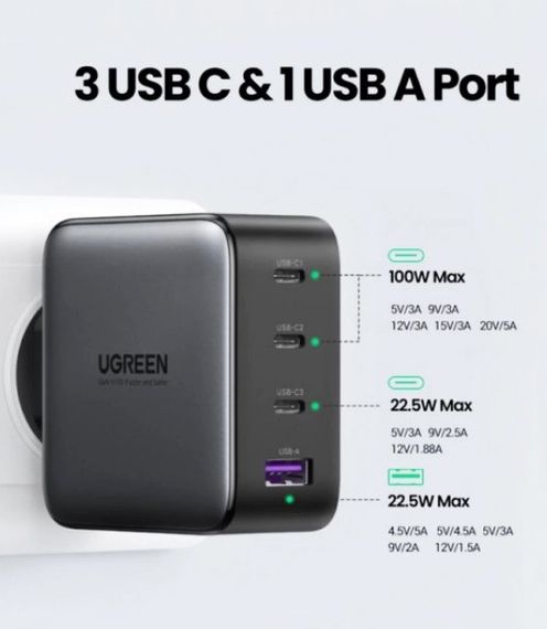 Универсальное портативное быстрое зарядное устройство Ugreen CD226 GaN 100W 3C1A на 4 USB | Зображення 2