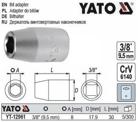 Переходник для насадок викруткових YATO Польща перехідник 3/8" М=8 мм YT-12961