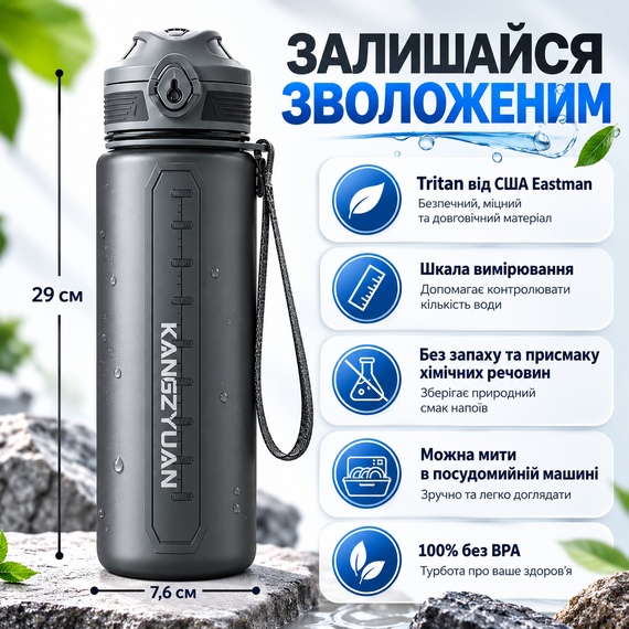 Бутылка для воды KANGZYUAN 500 мл спортивная черная Tritan BPA Free ударопрочная с герметичной крышкой и съемным фильтром | Зображення 3