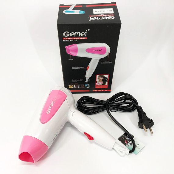 Фен для волосся складаний дорожній Gemei GM-1756 1200 Вт, Домашній фен для укладання. Колір: рожевий | Зображення 1