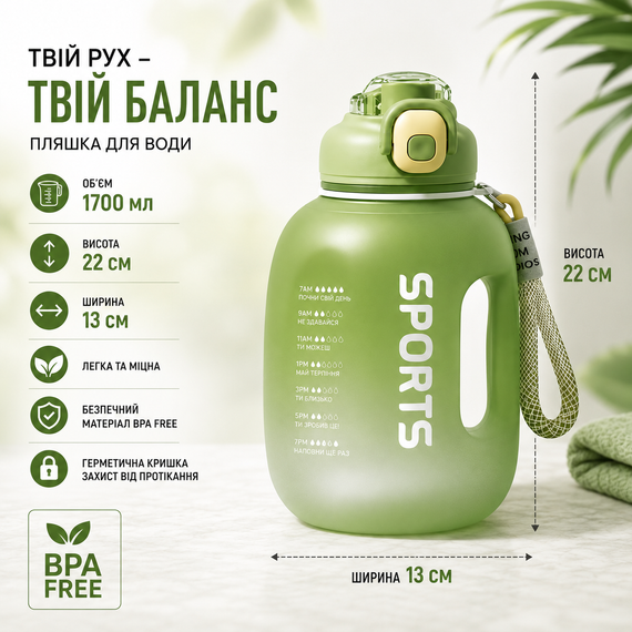 Спортивная эко-бутылка для воды 1700 мл (1.7 л) с ручкой и трубочкой, зеленая матовая фитнес-бутылка из эко-пластика BPA Free | Зображення 3