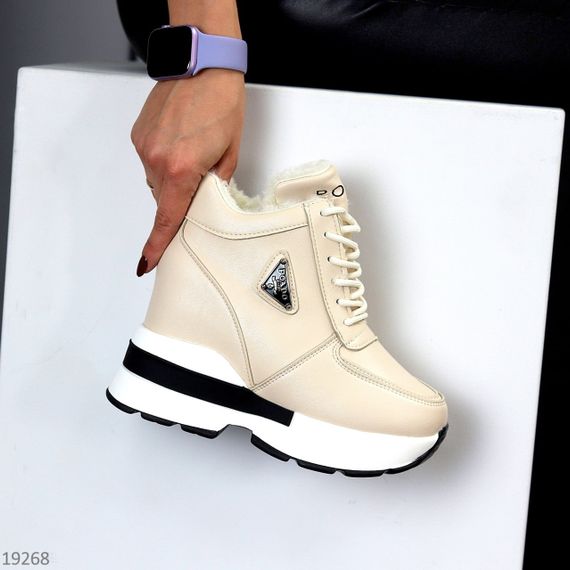 Молодіжні бежеві зимові снікерси на платформі танкетці | Зображення 4
