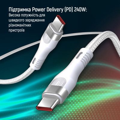 Дата кабель USB-C to USB-C 1.0m (PD Fast Charging 240W) 5А white ColorWay (CW-CBPDCC065-WT) | Зображення 9