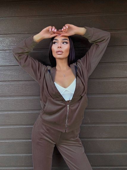 Жіночий спортивний костюм велюровий з кофтою на блискавці розмір L колір моко Vi114 | Зображення 2