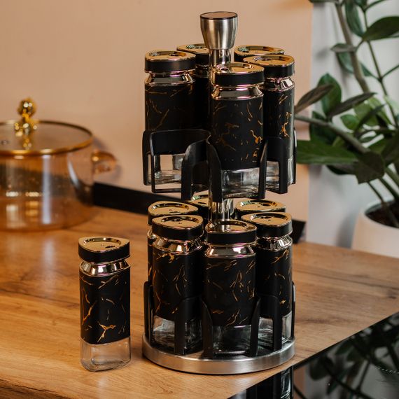 Набор для специй на подставке 12 баночек по 120 мл, черный мармур HP1356 | Зображення 5