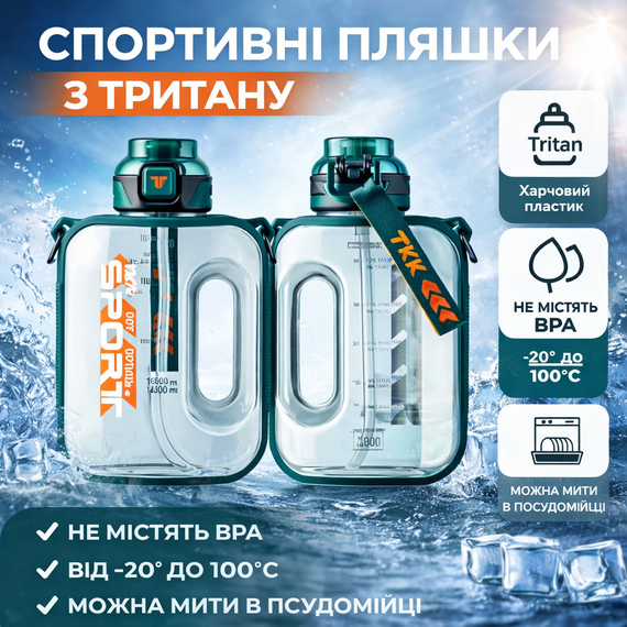 Спортивная бутылка для воды TKK Sport 1600 мл из Тритана (BPA Free), зеленая квадратная бутылка с трубочкой и ремешком | Зображення 1