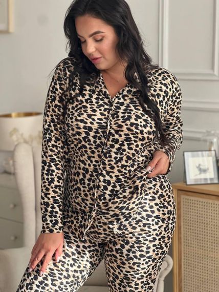 Леопардова піжама на ґудзиках Plus Size домашній костюм