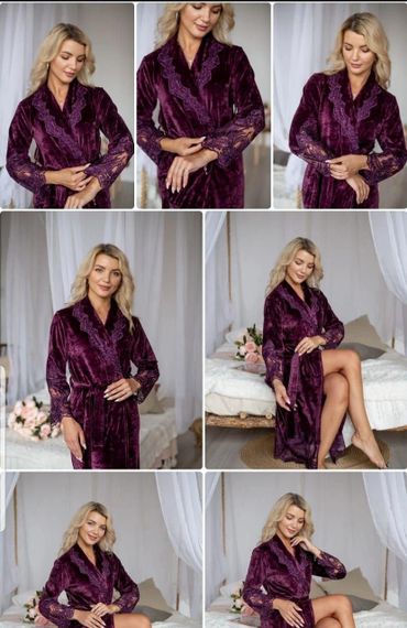 Жіночий халат Nusa 0383 довгий, велюровий з мереживом, фіолетовий M | Зображення 3
