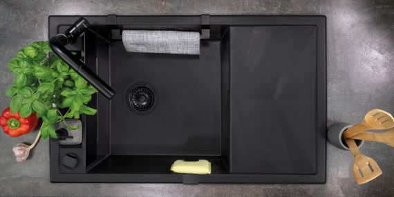 Мийка кухонна Deante Magnetic, граніт, прямокут., з крилом, 820х500х219мм, чаша - 1, накладна, чорний матовий (ZRM_N113) | Зображення 1