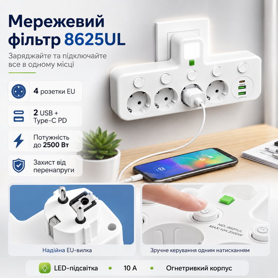 Мережевий фільтр-розгалужувач 2500W, 4х220V, 2xUSB, 1хType-C, 8625UL, Білий/Настінний трійник із підсвіткою