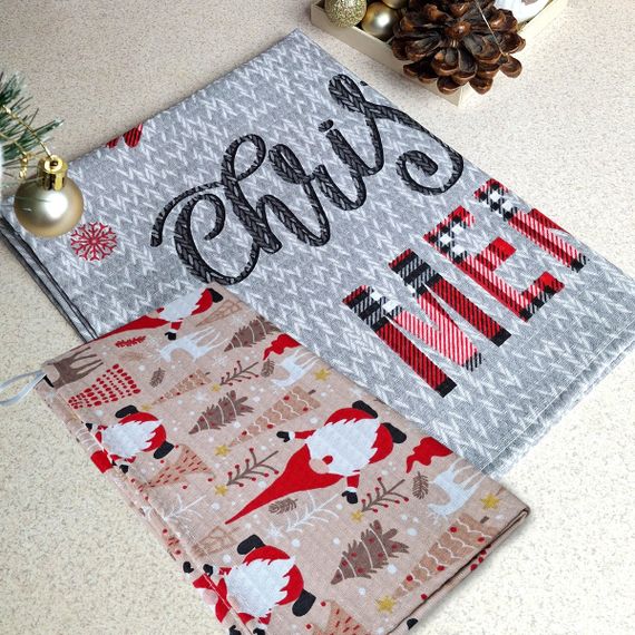 Набор кухонных полотенец 2 шт SoundSleep Merry Christmas вафельных 30х50 см и 45х60 см бежевый с серым (2800004713702) | Зображення 3