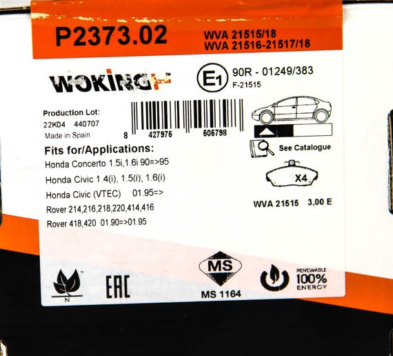 Колодки передні гальмівні Honda Civic 91-05 (TRW), WOKING (P237302) | Зображення 6