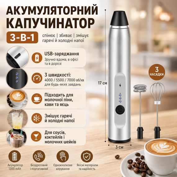 Портативний капучинатор Milk Frother 3 в 1 з 3 швидкостями та змінними насадками, акумуляторний спінювач молока 1200 мА·год USB, | Зображення 5