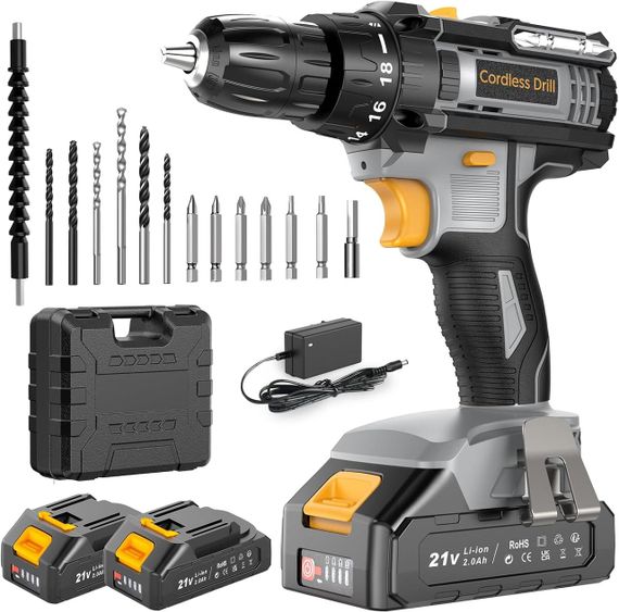 Акумуляторний дриль 21 В — електричний набір дрилів 42 Н·м із 2 батареями 2,0 А·год і швидкозатискним патроном