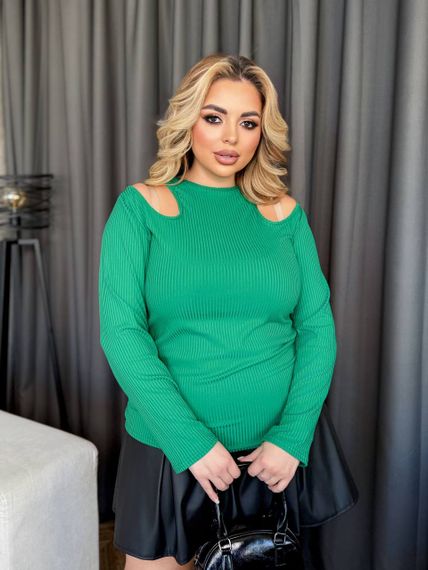 Женская кофта-лонгслив в рубчик с вырезами на плечах МТ357 цвет зеленый, размер 54/56