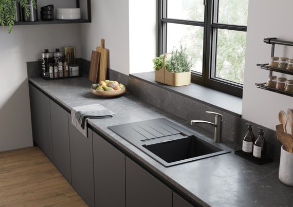 Мийка кухонна HansgroheS52, граніт, прямокутник, з крилом, 840х480х190мм, чаша - 1, врізна, сірий камінь (43356290) | Зображення 2