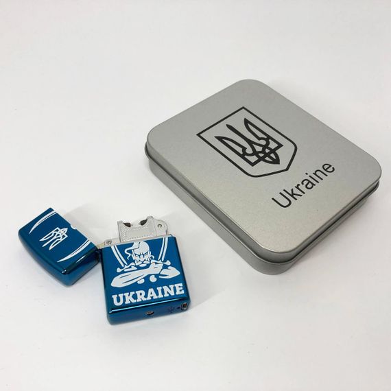 Дугова електроімпульсна запальничка USB Україна (металева коробка) HL-449. Колір: синій | Зображення 7