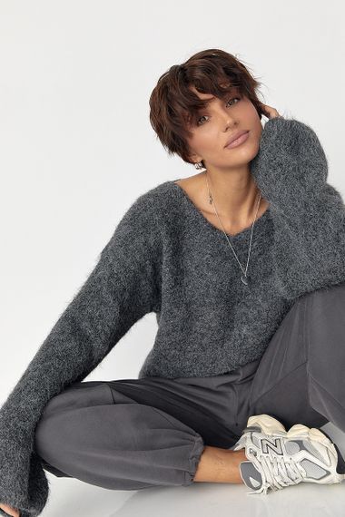 Мохерова кофта з V-подібним вирізом - темно-сірий цвет, ONE SIZE (є розміри)