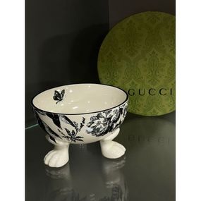 Брендовая керамическая миска для животных собак и котов GUCCI с цветам на лапках, синяя