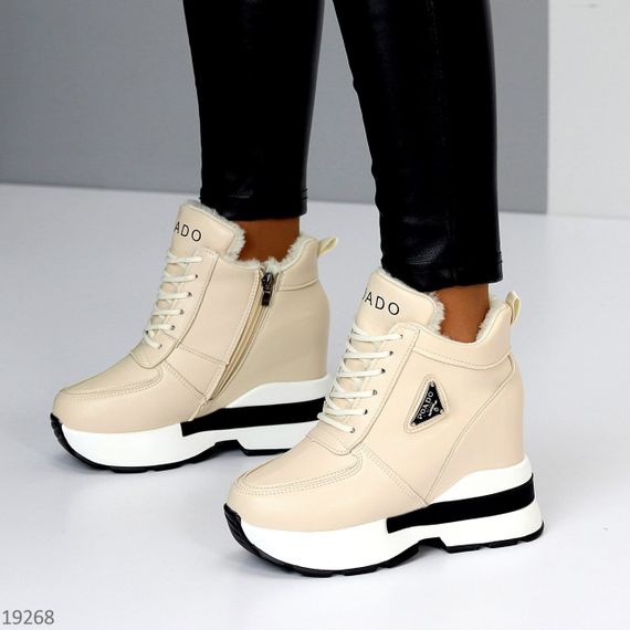 Молодіжні бежеві зимові снікерси на платформі танкетці | Зображення 8