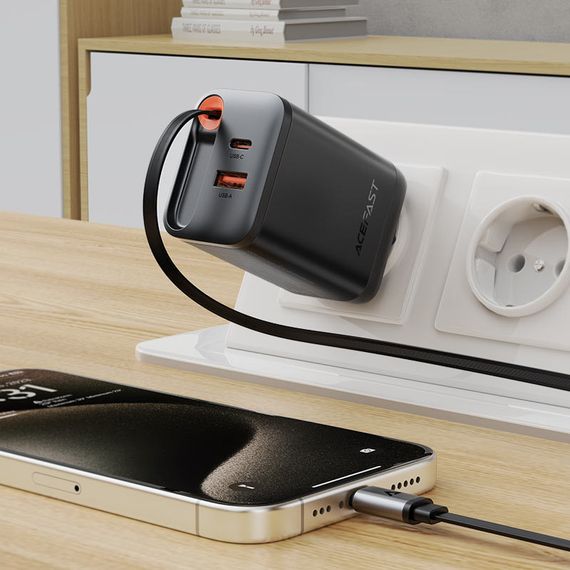 СЗУ Acefast A111 GaN With Retractable Cable Type-C PD67W (1USB-A/1C) Black | Зображення 3