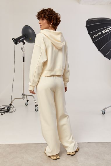Спортивний костюм в дрібний рубчик з прямими штанами та худі на блискавці - кремовий цвет, M (є розміри) | Зображення 1
