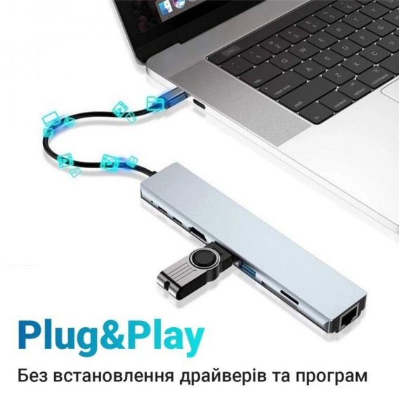 Хаб концентратор 8 до 1 USB Type-C перехідник HDMI SD TF RJ45 | Зображення 3