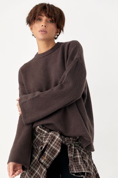 В'язана однотонна кофта з широкими рукавами - коричневий цвет, ONE SIZE (є розміри) | Зображення 4