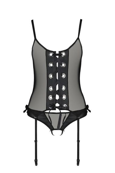 Корсет зі шнурівкою Passion NESSY CORSET XXL/XXXL black, стрінги з відкритим доступом, пажі для панч Sex Aura | Зображення 2