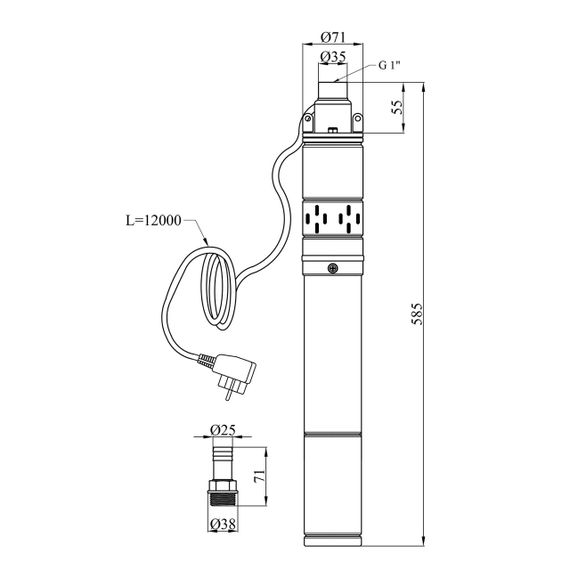 Насос глибинний шнековий Pumpman 3QGD0.8-50-0.37 кВт Нmax 130 м Qmax 1,2 куб.м 370 Вт | Зображення 1
