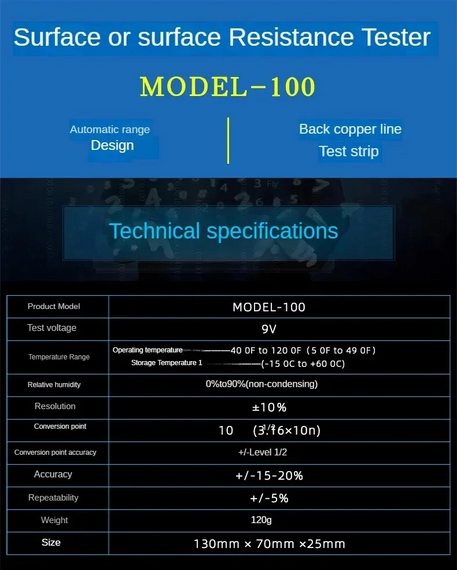 Вимірювач опору MODEL-100 Антистатичний тестер поверхні | Зображення 1