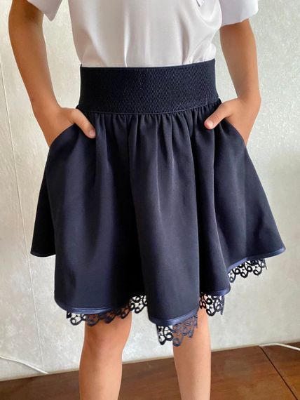 Детская школьная юбка на девочку с кружевом и карманами цвет темно-синий размер 146, SBR326 | Зображення 3