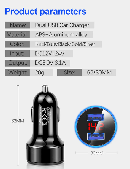 Автомобильная быстрая USB зарядка QC 3.0 от прикуривателя с вольтметром. 3,1 А, 12- 24 В | Зображення 6
