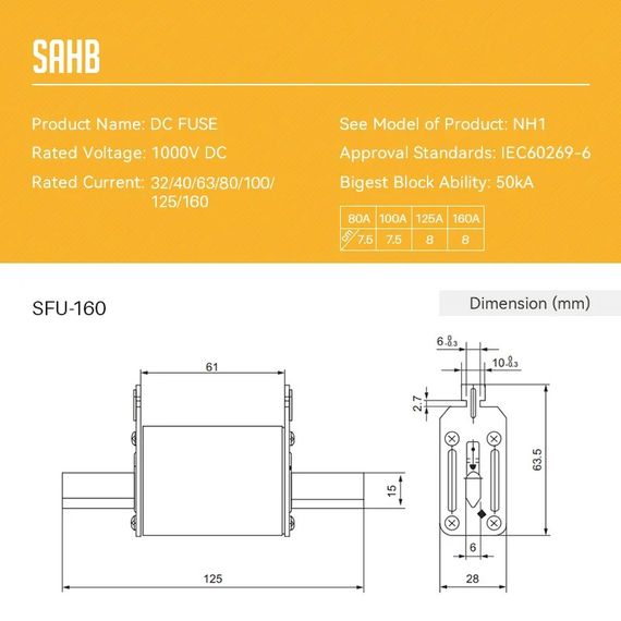 Тримач керамічного запобіжника Sahb DC до 160a 1000v | Зображення 5