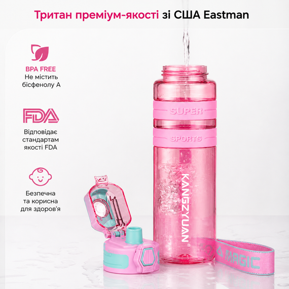 Спортивная бутылка для воды KANGZYUAN 700 мл Розовая Тритановая (BPA Free), с клапаном и поилкой | Зображення 6