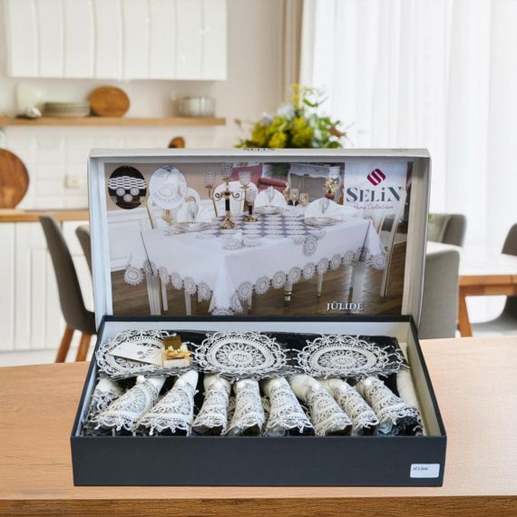 Льняная скатерть с ранером Selin Julide Set 160×350+12 салфеток кремовая | Зображення 1