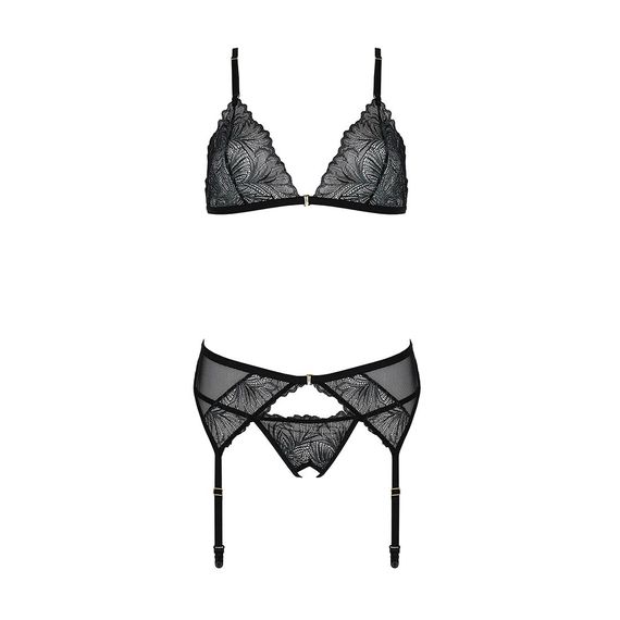 Комплект з відкритим доступом Passion DELIENA SET L/XL black, ліф, стрінги, пояс для панчіх | Зображення 3