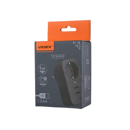 Фільтр мережевий 1 розетки/2USB-A/1Type-C із заземленням чорний VF-AD1G2U1C-B Oncord Videx | Зображення 4