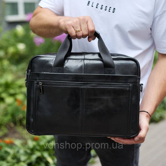 Кожаная мужская сумка-портфель 38х28х8, сумочка для работы и ежедневных дел, мужской шопер, черная | Зображення 5