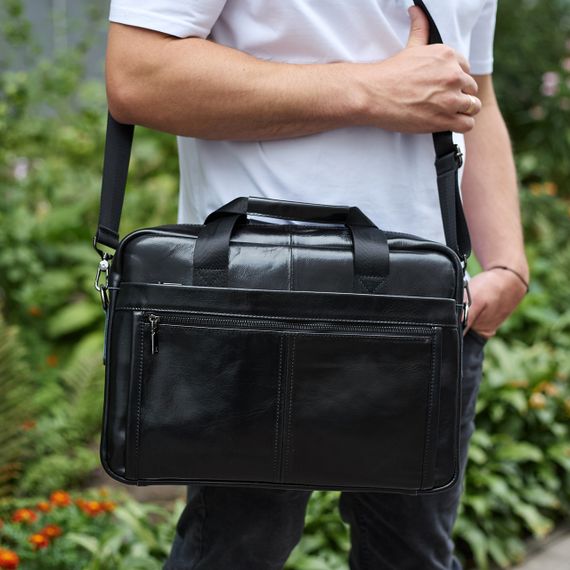 Шкіряна чоловіча сумка-портфель 38х28х8, сумочка для роботи та щоденних справ, чоловічий шопер, чорна | Зображення 7