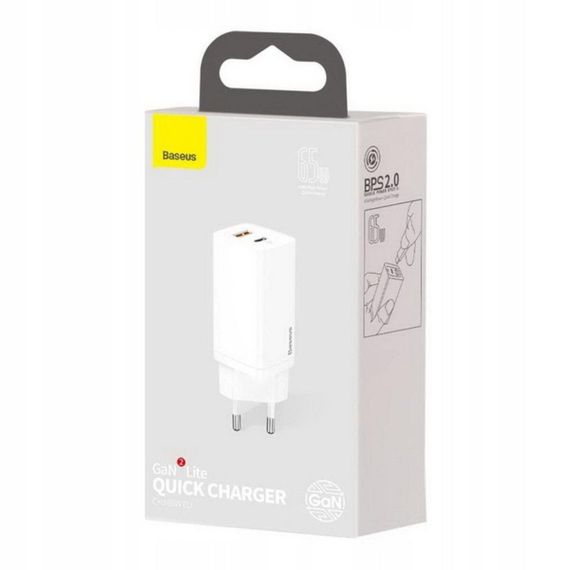 Мережевий зарядний пристрій Baseus GaN2 Lite Quick Charger C+U 65W EU White | Зображення 1
