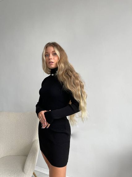 Женское вязаное платье-гольф в обтяжку теплое NO6599 размер единый 42-50 цвет черный