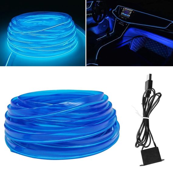 Гнучка світлодіодна стрічка для авто 3м, від USB, Синя / Неонова підсвітка для салону автомобіля