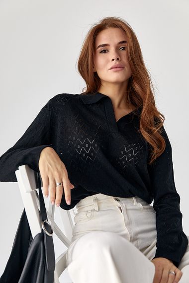 Кофта-поло з ажурної в'язки - чорний цвет, ONE SIZE (є розміри)