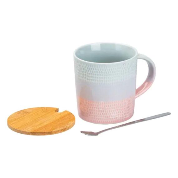 Чашка с бамбуковой крышкой и ложкой фарфоровая 350 мл Розовый HP7201P | Зображення 2